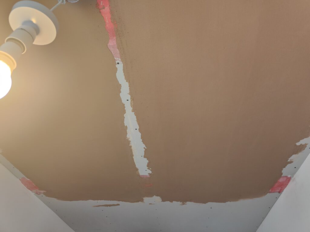 A ceiling, partially plastered. This first pass is to get the mats adhered to the ceiling before the final plaster is done across the entire ceiling